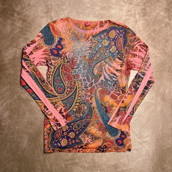 R. Rougue Paisley Floral Tattoo Rhinestone Top Multicolor Animal Print Boho Y2K - Picture 1 of 6